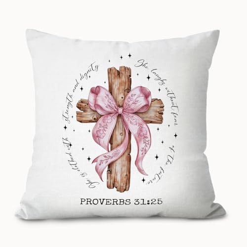 Vintage Pink Bow Cross Christian Pillow Covers 18x18, Christian Room Decor, Proverbs 31:25 Bible Verse Decorative Throw Pillow Covers Pillowcases for Girls Bedroom Dorm Home Decor - color: Pink Bow Bible(white04)