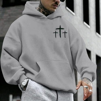 Men Faith Over Fear Christian Cross Graphic Pullover Hoodie - color: Grey, size: Medium