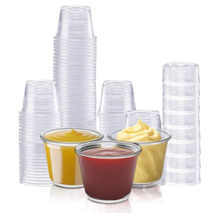 Disposable Portion Cups with Lids - 200 Set Disposable Clear Plastic, Ideal for Jello Shot, Condiment and Sauce Cups with Lids Restaurant quality Souffle Portion Container (1oz) - size: 1oz