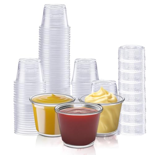 Disposable Portion Cups with Lids - 200 Set Disposable Clear Plastic, Ideal for Jello Shot, Condiment and Sauce Cups with Lids Restaurant quality Souffle Portion Container (1oz) - size: 1oz