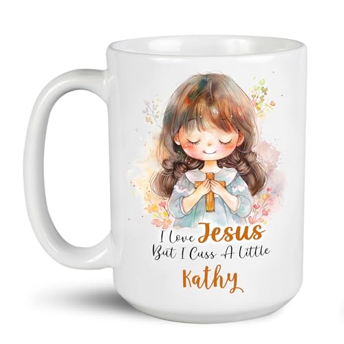 Personalized Coffee Mug With Name, Customized Christian White Tea Cups, Custom Inspirational Jesus Travel Mug, Ceramic Cup With A Cute Girl Hugging Cross Design, I Love Jesus Mugs - color: XUA-324-1552-I Love Jesus