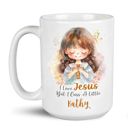 Personalized Coffee Mug With Name, Customized Christian White Tea Cups, Custom Inspirational Jesus Travel Mug, Ceramic Cup With A Cute Girl Hugging Cross Design, I Love Jesus Mugs - color: XUA-324-1552-I Love Jesus