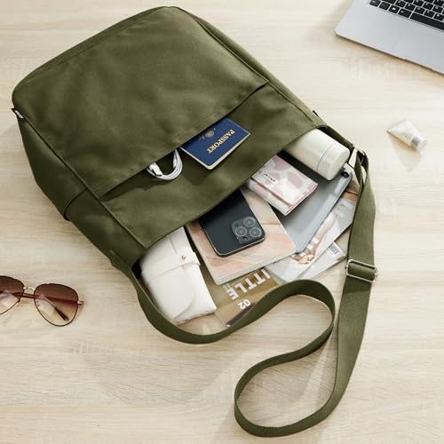 KALIDI Canvas Tote Bag Zipper Large Crossbody Shoulder Bag Messenger Bag - color: Army Green