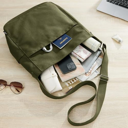 KALIDI Canvas Tote Bag Zipper Large Crossbody Shoulder Bag Messenger Bag - color: Army Green