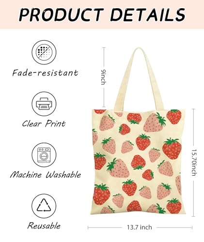 Women's Canvas Tote Bags with Inner Pockets & Metal Snap, Reusable Tote Bag for Girl's Vacation Travel Gym Shopping - color: Pink Strawberry