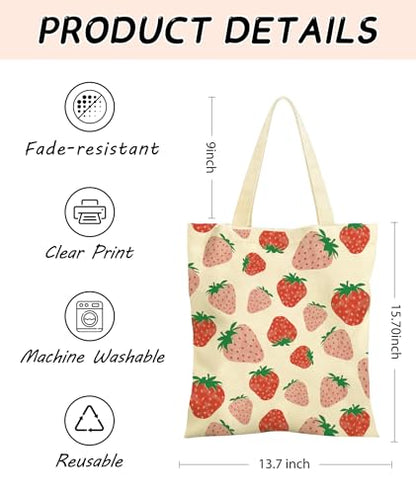 Women's Canvas Tote Bags with Inner Pockets & Metal Snap, Reusable Tote Bag for Girl's Vacation Travel Gym Shopping - color: Pink Strawberry
