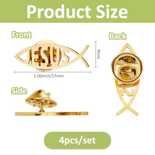 SUPERFINDINGS 4Pcs 304 Stainless Steel Lapel Pin Backs Jesus fish brooch Cartoon Fish Pin Christian Jewelry for Coat Shirt Suit Collar Accessories Gift - color: Golden