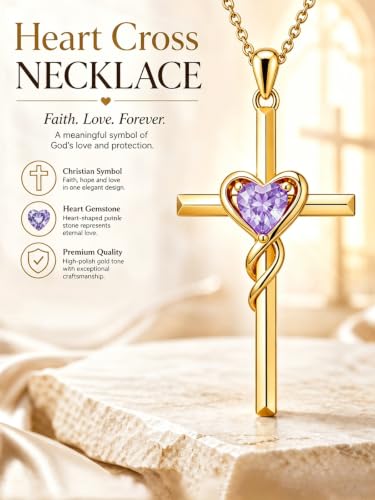Birthstone Cross Necklace for Women 14K Gold Plated Heart Infinity Cross Pendant Necklace Christian Religious Jewelry Anniversary Birthday Gifts for Wife Mom Her - color: June/Lavender