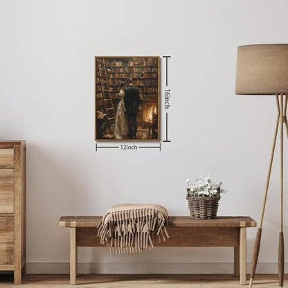 Moody Library Couple Framed Canvas Wall Art 12x16 inch - color: Couple, size: 12"x16" Natural