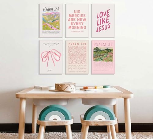 6Pcs Christian Wall Art Pink Bible Verse Scripture Wall Decor Framed - size: 12x16 in Wrapped Canvas