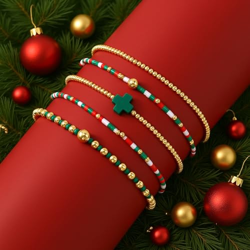 Gold Beaded Bracelets Stack for Women Stackable 14K Gold Plated Beads Ball Cross Bracelet Boho Christian Jewelry Faith Friendship Birthday Gifts for Women - color: red green