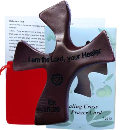 Holy Land Market Healing Palm Cross Resin – Brown Crucifix – 4.5 x 3.6 Inch Handheld Comfort Cross with Gift Box, Red Velveteen Pouch & Comfort & Healing Prayer Card – Christian Spiritual Support Gift – Healing Cross™, Handheld Design - color: Brown Or Da
