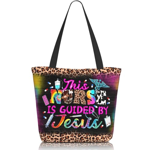 Bible Tote Bags for Women Christian Tote Bag Church Shoulder Bag Inspirational Bags With Zipper Christian Gift - color: This Nurse is Guided By Jesus