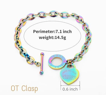 Heart Charm Bracelet Plated 18K Gold/Silver/Rose Gold Bible Scripture Heart Bracelet for Women Jewelry Gift Her Link Chain OT Clasp Stainless Steel - color: Colorful（7.1 inch）