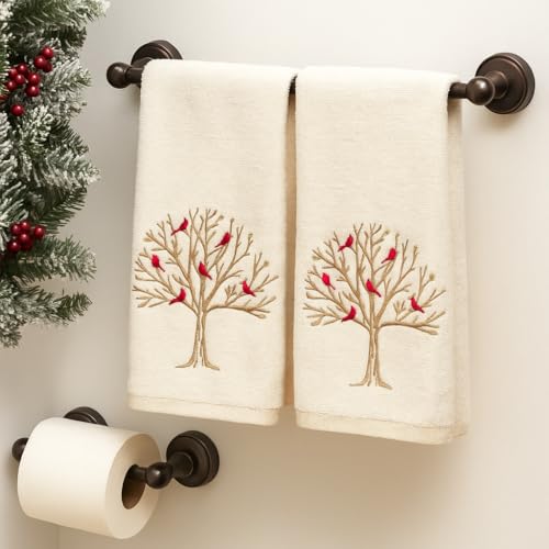 Christmas White Guest Hand Bathroom Towels, Winter Cardinal Tree, 16x26" - color: Cardinal Tree