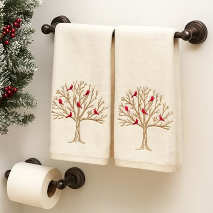 Christmas White Guest Hand Bathroom Towels, Winter Cardinal Tree, 16x26" - color: Cardinal Tree