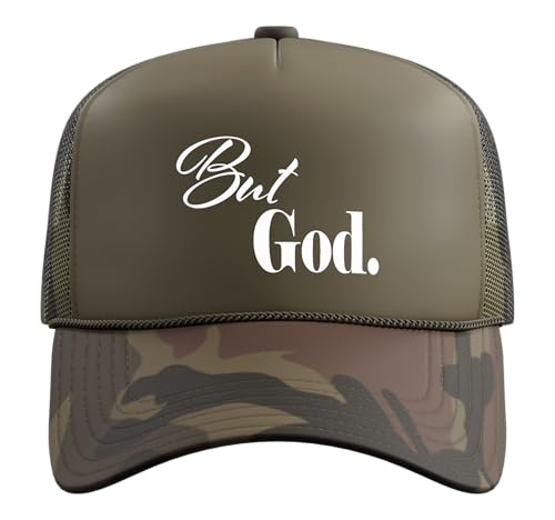 Christian Religious But God Strong Women Men of Faith Gifts Trucker Hat with Adjustable Mesh Back - color: Camo Green