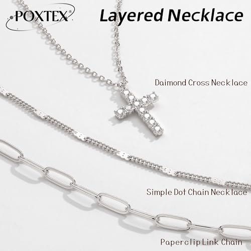 Poxtex Layered Gold Necklaces for Women, Stackable Dainty 14K Gold Silver Plated Trendy Simple Heart Diamond Cross Bow Circle Pendant Paperclip Choker Dot Chain Necklace,Jewelry Set Gifts for Women - color: Silver, style: Cross2