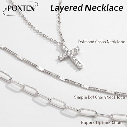 Poxtex Layered Gold Necklaces for Women, Stackable Dainty 14K Gold Silver Plated Trendy Simple Heart Diamond Cross Bow Circle Pendant Paperclip Choker Dot Chain Necklace,Jewelry Set Gifts for Women - color: Silver, style: Cross2