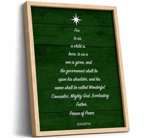 Christian Bible Verse Wall Art Framed, Isaiah 9:6 Scripture Poster Print, Religious Green Rustic Wooden Wall Decor, Christmas Tree Painting Picture for Living Room Bedroom Church, 16x24 Inches - color: Christmas Tree, size: 16"L x 24"W