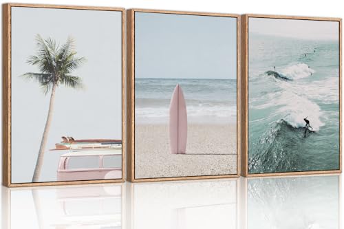 CHDITB Coastal Beach Framed Wall Art, Palm Tree Surfboard Seascape Painting - color: Beach, size: 16"L x 24"W