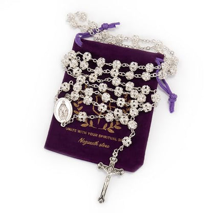 Nazareth Store Colorful Zirconia Crystal Beads Rosary Silver Catholic Necklace with Miraculous Medal Cross Crucifix Multicolor Rosaries in Velvet Bag - color: Clear