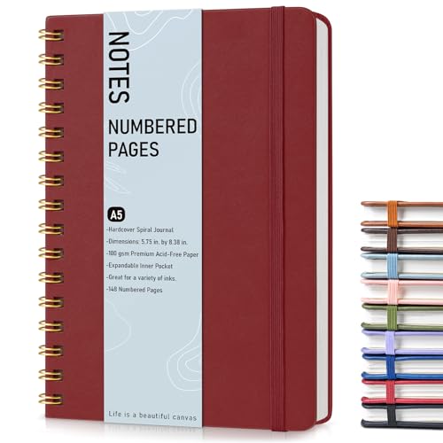 Lined Spiral Journal Notebook, A5 Hardcover Spiral Journals for Women Men, 150 Numbered Pages Spiral Bound Notebook, 100 GSM College Ruled Notebooks for Writing Note Taking 5.75" x 8.38", Wine Red - color: Wine Red