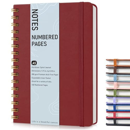 Lined Spiral Journal Notebook, A5 Hardcover Spiral Journals for Women Men, 150 Numbered Pages Spiral Bound Notebook, 100 GSM College Ruled Notebooks for Writing Note Taking 5.75" x 8.38", Wine Red - color: Wine Red