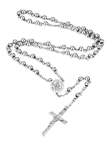 Supcare Rosary for Men Women Catholic Necklace Rosary Beads Customized - color: E01-Christopher Silver