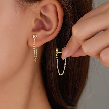 925 Sterling Silver CZ Moon Cross Heart Teardrop Chain Earrings for Women - color: CZ--Gold