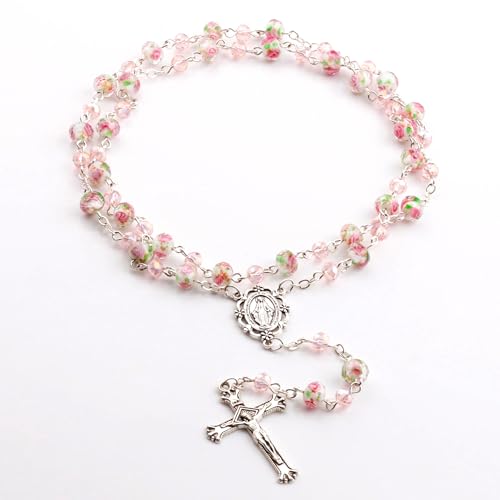 Murano Glass Rose Beads Catholic Virgin Mary Rosary Necklace Women - color: Pink