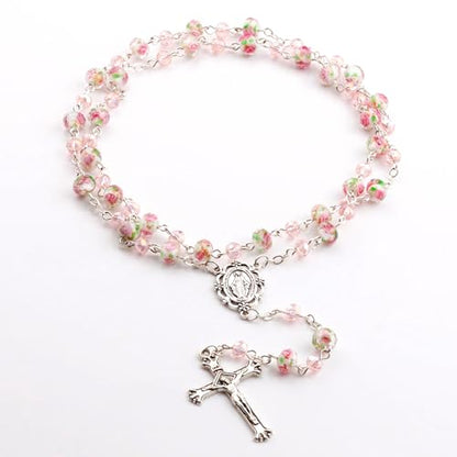 Murano Glass Rose Beads Catholic Virgin Mary Rosary Necklace Women - color: Pink