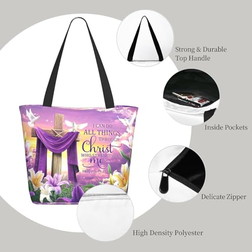 Bible Tote Bags for Women Christian Gifts Religious Church Shoulder Bag - color: Purple Cross