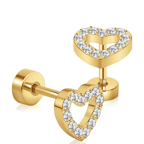 XUU 20G Flat Back Stud Earrings ASTM F136 Titanium & Sparkling CZ - color: gold heart