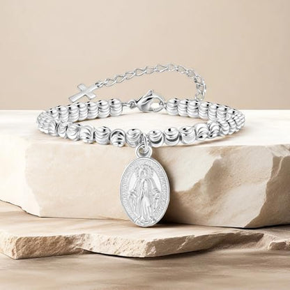Rnivida 14K Gold Plated Stainless Steel Catholic Rosary Bracelet for Women,Religious Gift for Confirmation Baptism First Communion Easter - color: Silver