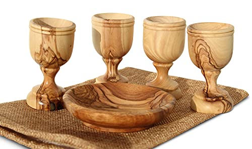 The Jerusalem Gift Shop Since 2004 Olive Wood Communion Cups and Bread Plate Set, 4 Hand-Carved Kiddush Goblets with Tray - color: Brown