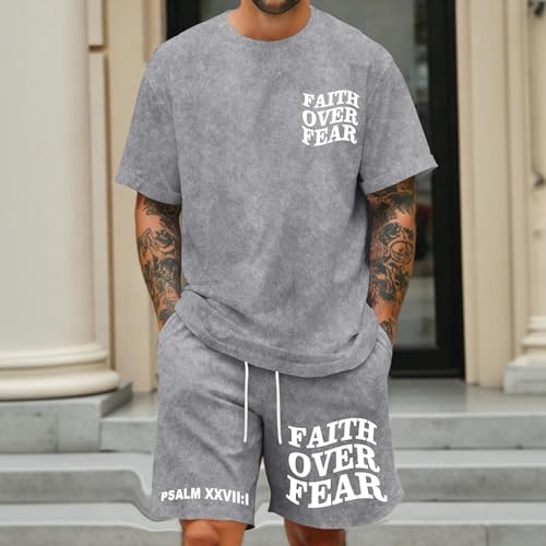Men's Christian Shirt and Shorts Set Oversized Faith Over Fear T Shirt Washed Religious Bible Verse 2 Piece Outfits - color: Light Gray, size: Small
