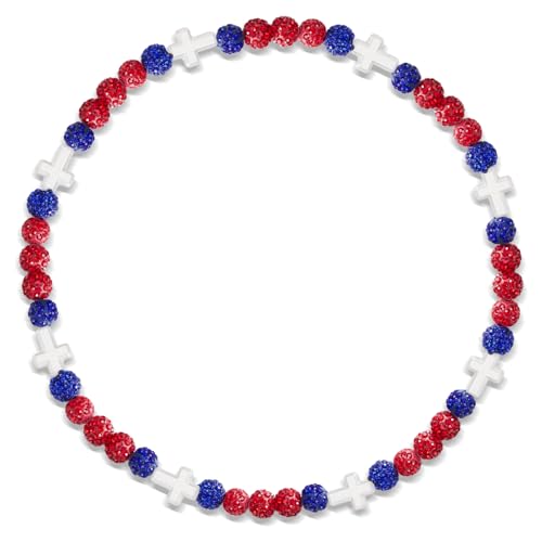 Beaded Baseball Necklace | Adjustable Sports Rope Chain with Baseball Cross Charm - Great Baseball Drip Gift for Players and Fans - color: Red-Royal-Wht