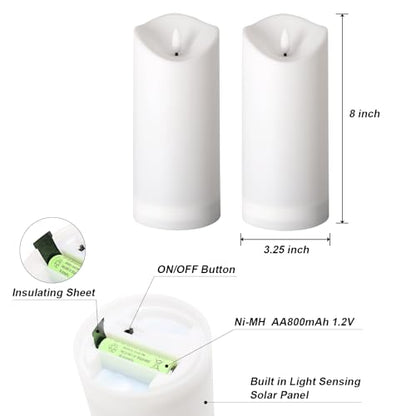 Solar Candles Outdoor Waterproof, Flameless LED Pillars Candles, Set of 2 - size: 3.25" × 8" (2-Pack)
