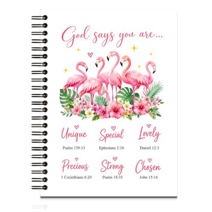 TQLIUOL God Says You Are Unique Religion Cute Spiral Hardcover Journal Colorful College Ruled Lined Notebook, Pink Flamingos Flower Scripture Journal, New Chapter Notebook Gifts for Flamingo Lovers