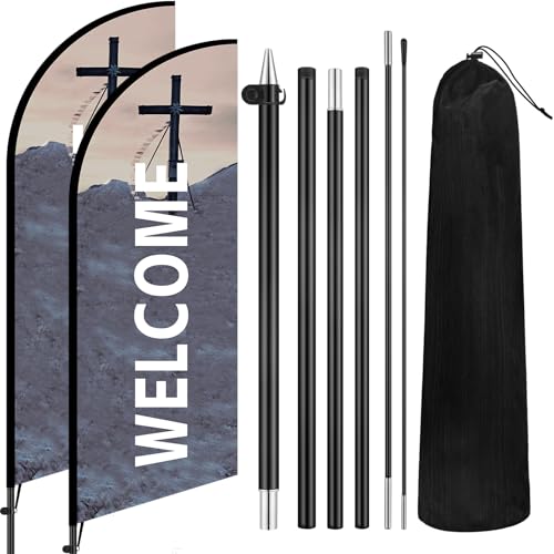 Buryeah 2 Sets 10 ft Welcome Sign Feather Flag for Church Large Swooper Flag with Fiberglass Poles and Point Stake Outside Church Welcome Banners for Outdoor Business and Events Promotion - size: 10 ft