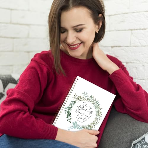 she is clothed with strength and dignity Christian Spiral Notebooks, Proverbs 31:25 Bible Journal, Scripture Journals for Writing, Religious Notebook for Note Taking, 5.5x8.3 Inch - color: white Bible Notebook-13