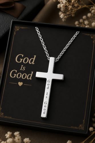 Engraved Cross Necklace for Men, Women & Boys & Girls Cross Necklace, Stainless Steel Cross Pendant Necklace, Faith & Inspiration Christian Jewelry Gift - color: God Is Good