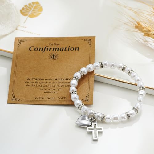 Eaciy First Communion Gifts for Girls - 14K Whited Gold Plated Cross Heart Bracelet First Baptism Communion Communion Bracelet Gifts for Teen Girls - color: Confirmation