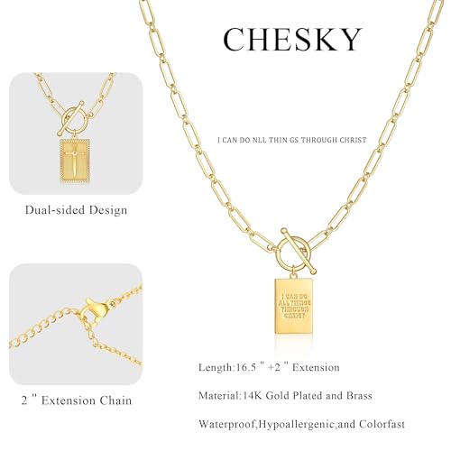 CHESKY Cross Necklace for Women Trendy, Dainty 14K Gold Plated Paperclip Charm Necklace for Womens Chunky Cross Pendant Necklace Gold Jewelry Religious Christian Gifts for Christians - color: I CAN DO ALL THINGS THROUGH CHRIST