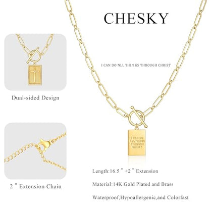 CHESKY Cross Necklace for Women Trendy, Dainty 14K Gold Plated Paperclip Charm Necklace for Womens Chunky Cross Pendant Necklace Gold Jewelry Religious Christian Gifts for Christians - color: I CAN DO ALL THINGS THROUGH CHRIST