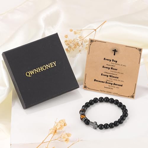 QWNHONEY Cross Bracelet for Men Son Brother Baptism Communion Birthday Anniversary Christmas Christian Black Tiger Eyes Bead - style: On your confirmation