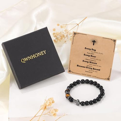 QWNHONEY Cross Bracelet for Men Son Brother Baptism Communion Birthday Anniversary Christmas Christian Black Tiger Eyes Bead - style: On your Baptism day