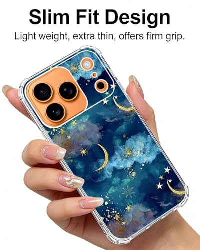 Indigo Blue Moon and Stars Phone Case Compatible with iPhone 17 Pro, Aesthetic Cloud Art Phone Cover for iPhone 17 Pro - color: Moon and Stars