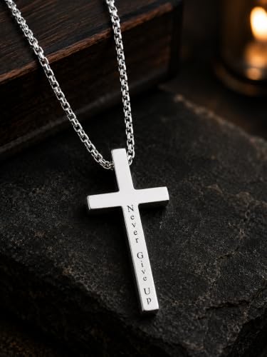 Engraved Cross Necklace for Men, Women & Boys & Girls Cross Necklace, Stainless Steel Cross Pendant Necklace, Faith & Inspiration Christian Jewelry Gift - color: Never Give Up